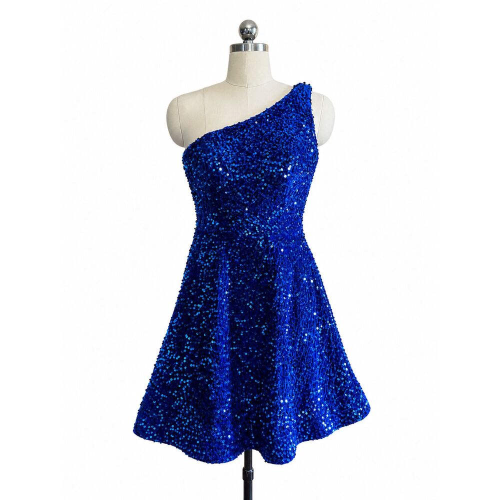 Sophia Thomas Royal Blue Velvet Sequins One Shoulder Mini Dress Homecoming